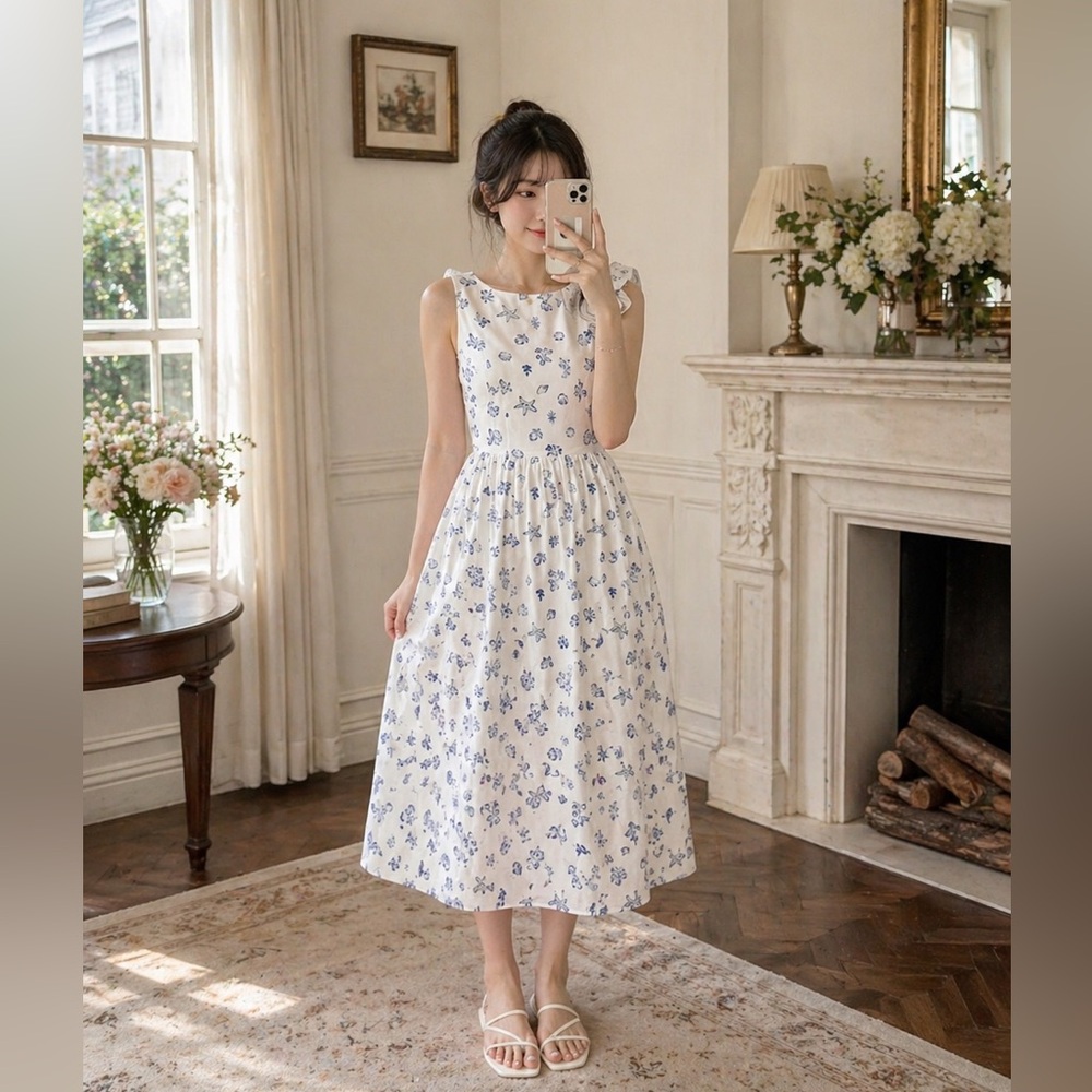 WAYF drop waist seashell print Midi Dress - Picture 2 of 13